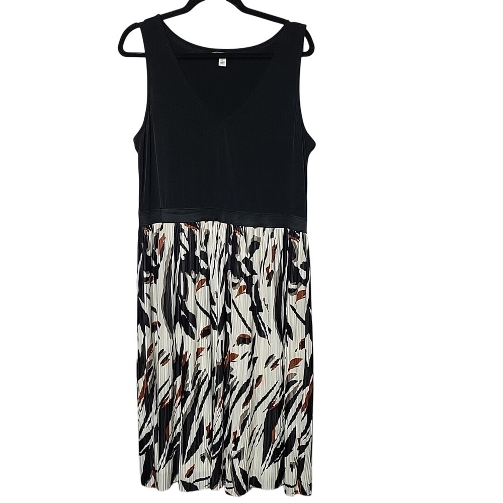 Catherines Est 1946 Womens XL Black V-Neck Pleated‎ Abstract Print Midi Dress